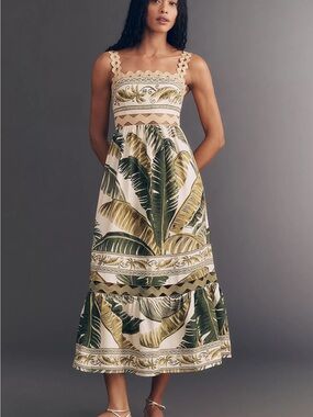FARM Rio Cream and Green Tropical Scalloped Strap Midi Dress.